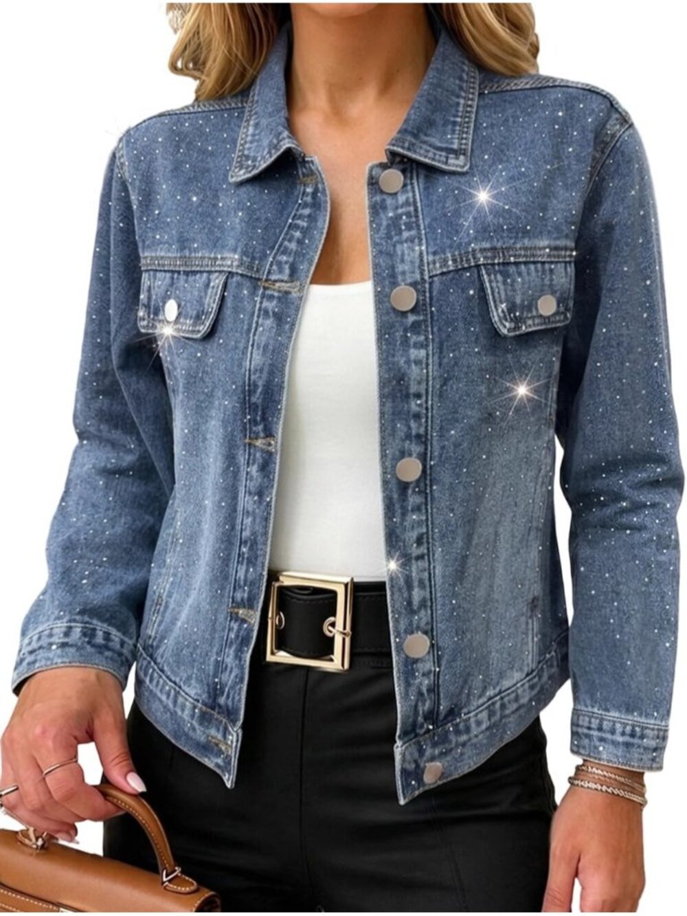 〽️Women's Blue Rhinestone Denim Jacket Sparkly Cropped Jean Coat